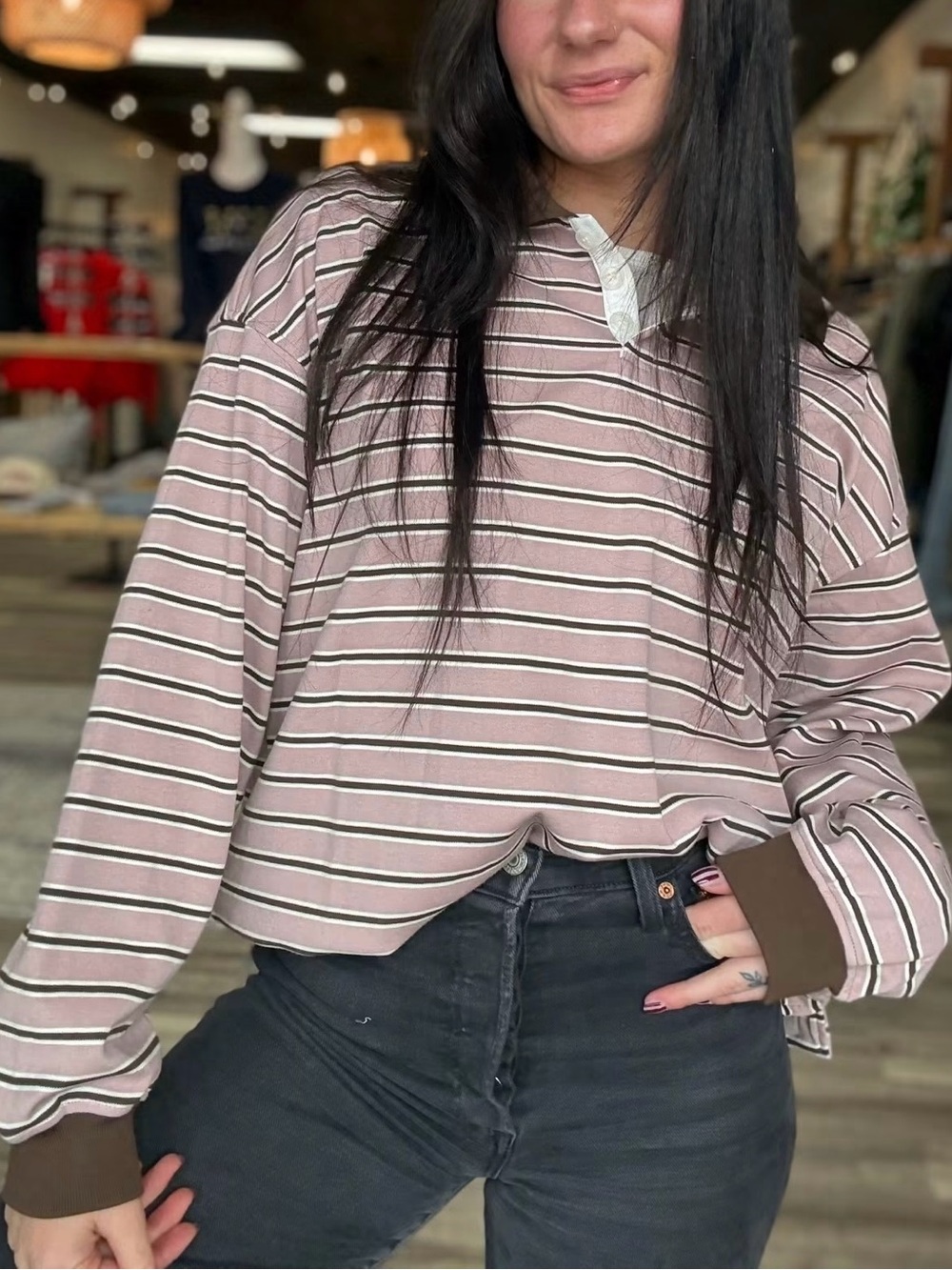 NWOT - Striped Polo Long-Sleeve Top in Mauve with Brown Trim